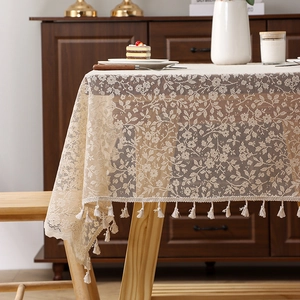 French style beige floral lace tablecloth with fringe tassel edges for rustic dining