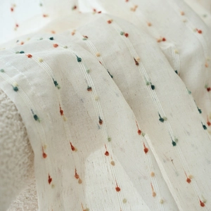 Retro linen-style semi-sheer cafe curtain with colorful embroidered polka dots