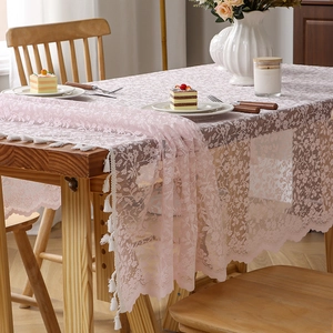 Pink floral lace table runner with elegant white fringe tassel for rustic home decor