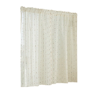 Sheer white cafe curtain with colorful floral embroidery and pleated rod pocket header