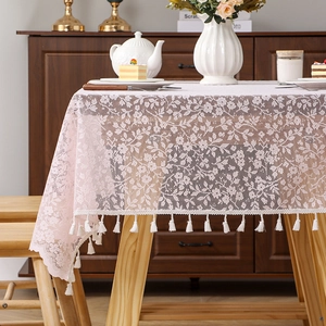Pink French lace tablecloth with floral jacquard patterns and white tassel fringe