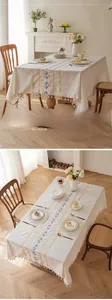 Detail of waterproof cream tablecloth with diamond embroidery and elegant tassel edges