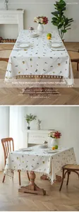 Waterproof cotton linen tablecloth with yellow floral pattern and elegant white tassel fringe