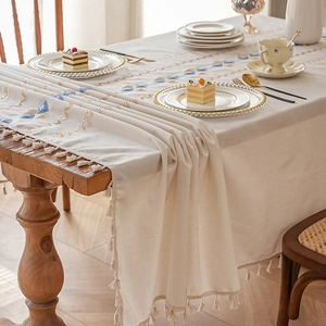 Waterproof cotton linen tablecloth with geometric embroidery and elegant tassels