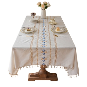 Waterproof cream tablecloth with geometric diamond embroidery and elegant beige fringes