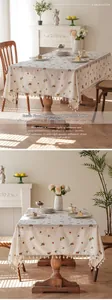 Close-up of waterproof polyester-cotton tablecloth with floral print and white tassels