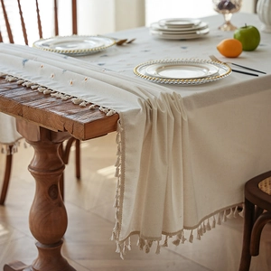 Waterproof cotton linen tablecloth with daisy embroidery and beige tassel edges