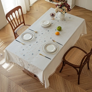 Linen rectangle tablecloth with daisy bee embroidery, tassel fringe, and French rural style