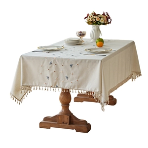 Waterproof cream linen tablecloth with bee embroidery and elegant fringe edges