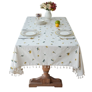 Waterproof cotton linen tablecloth with cherry floral embroidery and elegant tassels