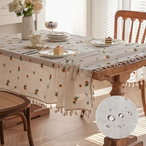 Waterproof Polyester Cotton Tablecloth With Floral Embroidery And Tassels Pastoral Rectangular Table Cover For Dining Room Kitchen