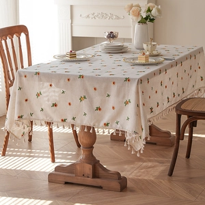 Waterproof linen tablecloth with octagonal flower embroidery and tassel edge for dining table
