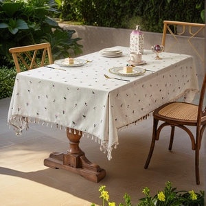 Floral Embroidered Tassel Tablecloth Thick Polyester Cotton Linen Blend Dustproof Cloth For Dining Table Desk Home Decor