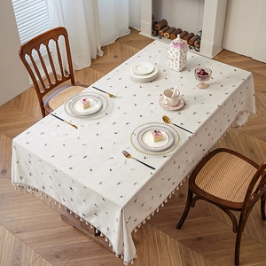 Linen floral tablecloth with cream fringe tassel for dining table and home decor