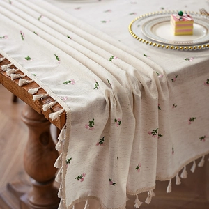 Waterproof linen tablecloth with pink floral embroidery and elegant fringe tassels