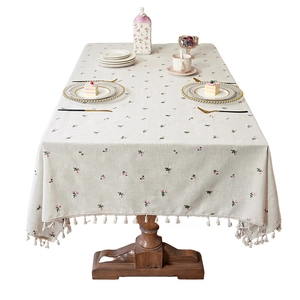 Rectangle linen tablecloth with pink floral embroidery and white fringe tassel decor