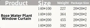Size guide table for white rose lace window curtains showing weight and dimensions