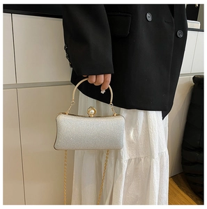 Dettaglio di pochette da sera argento con chiusura a perla, manico e catena dorata