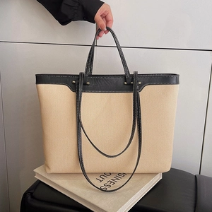 Fashion Tote Bag Large Capacity PU Leather And Canvas Stitching Contrast Color Handbag For Women Work Daily Chic