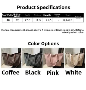 Detailed size chart and dimensions for the large capacity tote bag with logo pattern