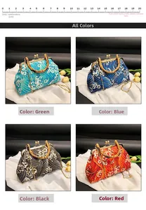 Detail view of bamboo handles and wave prints on vintage metal frame bags in four colors