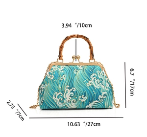 Detailed size specifications for vintage ocean print bag with bamboo handle and chain
