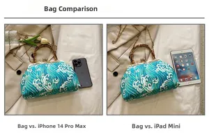 Size comparison of retro wave pattern handbag with bamboo handle next to iPad mini