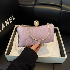 Borsa da Sera Luxury Glitter Clutch Donna Con Fibbia in Perla e Strass Tracolla a Catena d'Oro per Festa Matrimonio Banchetto