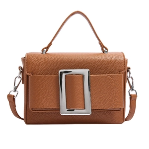 Brown lychee-texture faux leather handbag with silver buckle and crossbody strap