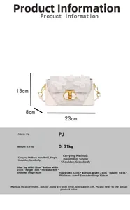 Detailed view of white butterfly crossbody bag with gold lock and size specifications