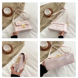 Detail of light pink crossbody bag with lace embroidery and 3D butterfly appliqué