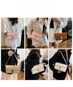 Detailed views of four colors of women's stylish shoulder bags with silver metal locks