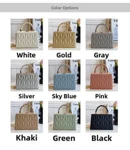 Detailed grid view of nine colorful quilted PU mini bags with golden chain straps