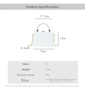 Detailed specs of white pleated handbag with chain strap and top handle dimensions