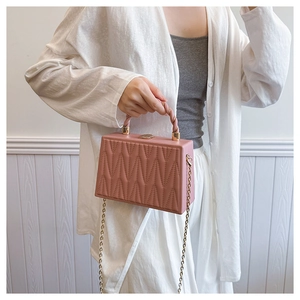 Pink quilted hard shell box bag with gold chain strap shown on model's shoulder