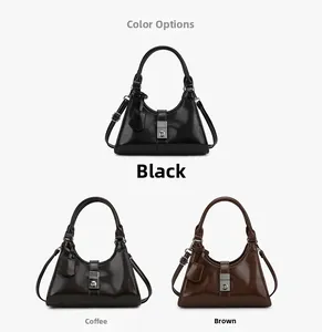 Three vintage buckle handbags in black, dark coffee and brown with glossy finish