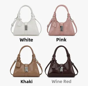 Showcase of minimalist trapezoid handbags in white, pink, khaki, and burgundy with silver clasps