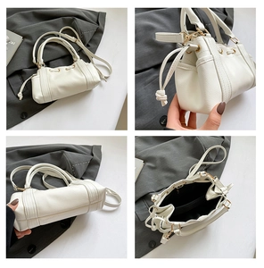 Detailed views showing the texture, drawstring design and interior of the white tote bag