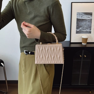 Chic beige quilted hard shell box bag with braided handle and gold chain strap