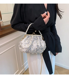 Detail of vintage shell bag with butterfly print, pearl accents and gold chain strap