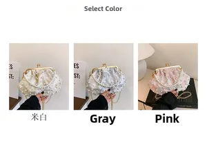 Detailed comparison of embroidered shell bags with pearls in white, grey, and pink tones