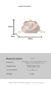Detailed size chart for white floral pearl bag with dimensions and strap length info