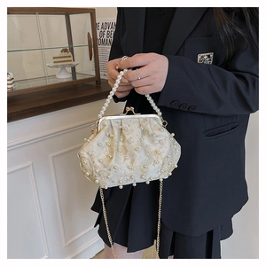 Detail of cream shell bag with pearl handle, gold embroidery, and metal chain