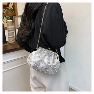 Detailed view of silver butterfly jacquard kiss-lock bag with pearl chain and embellishments