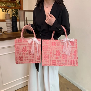 Rosa gewebte Hochzeit-Tote-Bag Set mit rotem Doppeltes-Glück-Zeichen und Spitzenschleifen
