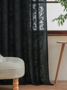 Detailed view of elegant black lace curtains with intricate floral patterns and sheer texture