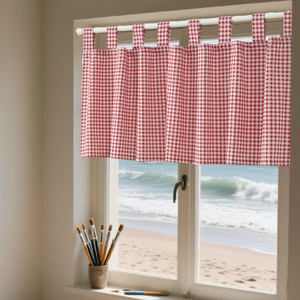 Detail of red gingham cafe curtain with rod pocket header on a sunny window