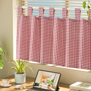 Red plaid cafe curtain with tab top design for kitchen windows in cotton linen fabric