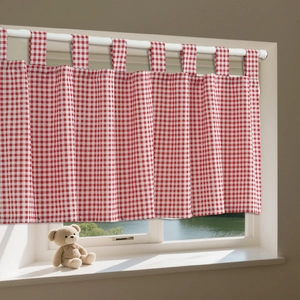 Minimalist red and white plaid cafe curtain with tab top header for kitchen windows