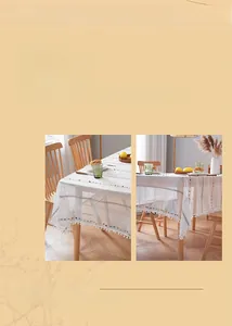 Close-up of white semi-transparent tablecloth featuring colorful pom-pom tassel edges